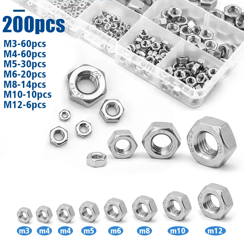 200-piece set of stainless steel hexagonal nuts M3M4M5M6M8M10M12, industrial equipment accessories, home building maintenance.
200-piece set of stainless steel hexagonal nuts M3M4M5M6M8M10M12, industrial equipment accessories, home building maintenance.