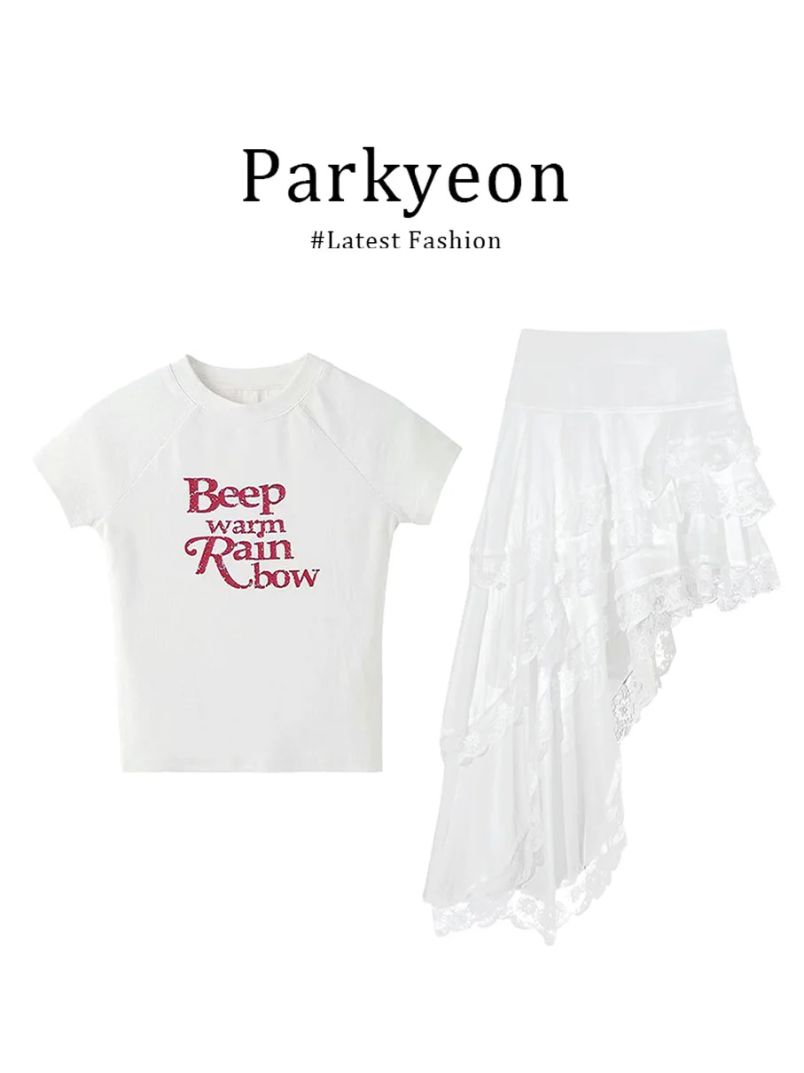 Summer Casual High Waist Asymmetrical Lace Short Sleeve T-Shirt And Skirt Two-Piece Set Korean Style Fashion for Women
Summer Casual High Waist Asymmetrical Lace Short Sleeve T-Shirt And Skirt Two-Piece Set Korean Style Fashion for Women