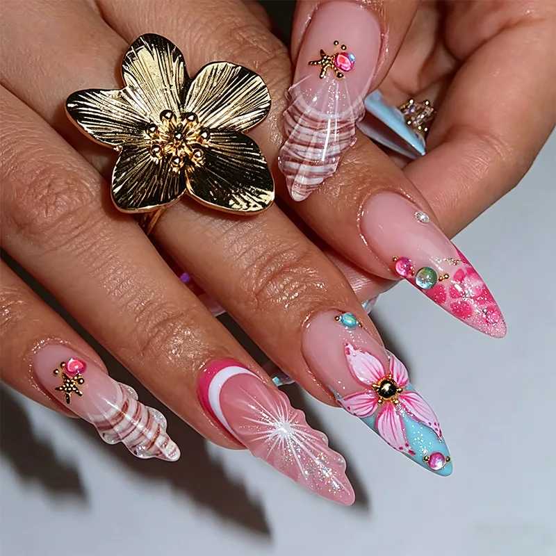 Gold-plated Armor Almond Three-dimensional False Nail Drill Pink Flower Shell Pearl Nail Art Nail Pieces
Gold-plated Armor Almond Three-dimensional False Nail Drill Pink Flower Shell Pearl Nail Art Nail Pieces