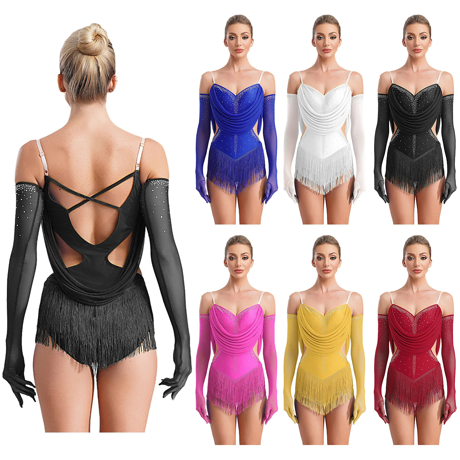Womens Sparkling Rhinestone Cha-cha Dance Leotard Set Ruched Mesh Tassel Cutout Waist with Gloves for Latin Tango Performances
Womens Sparkling Rhinestone Cha-cha Dance Leotard Set Ruched Mesh Tassel Cutout Waist with Gloves for Latin Tango Performances