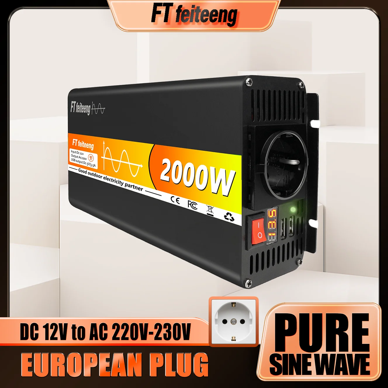 FT Feiteeng Pure Sine Wave Power Inverter 12V to 220V AC, EU Plug for Car RV Solar System, LCD Display with USB Ports
FT Feiteeng Pure Sine Wave Power Inverter 12V to 220V AC, EU Plug for Car RV Solar System, LCD Display with USB Ports
