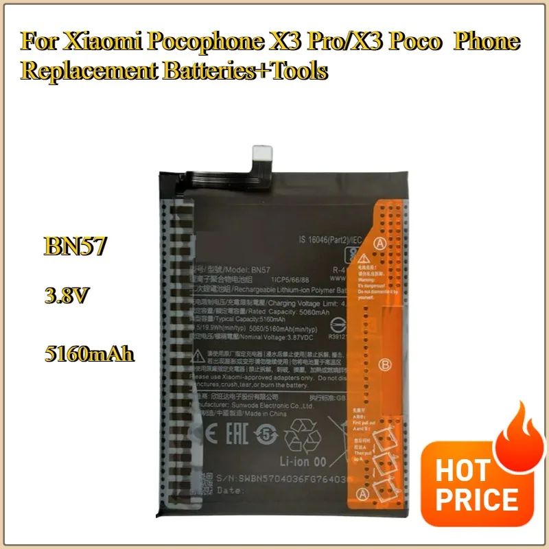 New BN57 5160mAh Replacement Batteries For Xiaomi Pocophone X3 Pro/X3 Poco Phone
New BN57 5160mAh Replacement Batteries For Xiaomi Pocophone X3 Pro/X3 Poco Phone