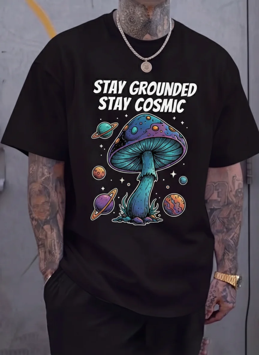 Cosmic Mushroom Graphic Tee Stay Grounded Stay Cosmic Printed Tee Psychedelic Mushroom Planets Stars Design on Black Casual
Cosmic Mushroom Graphic Tee Stay Grounded Stay Cosmic Printed Tee Psychedelic Mushroom Planets Stars Design on Black Casual