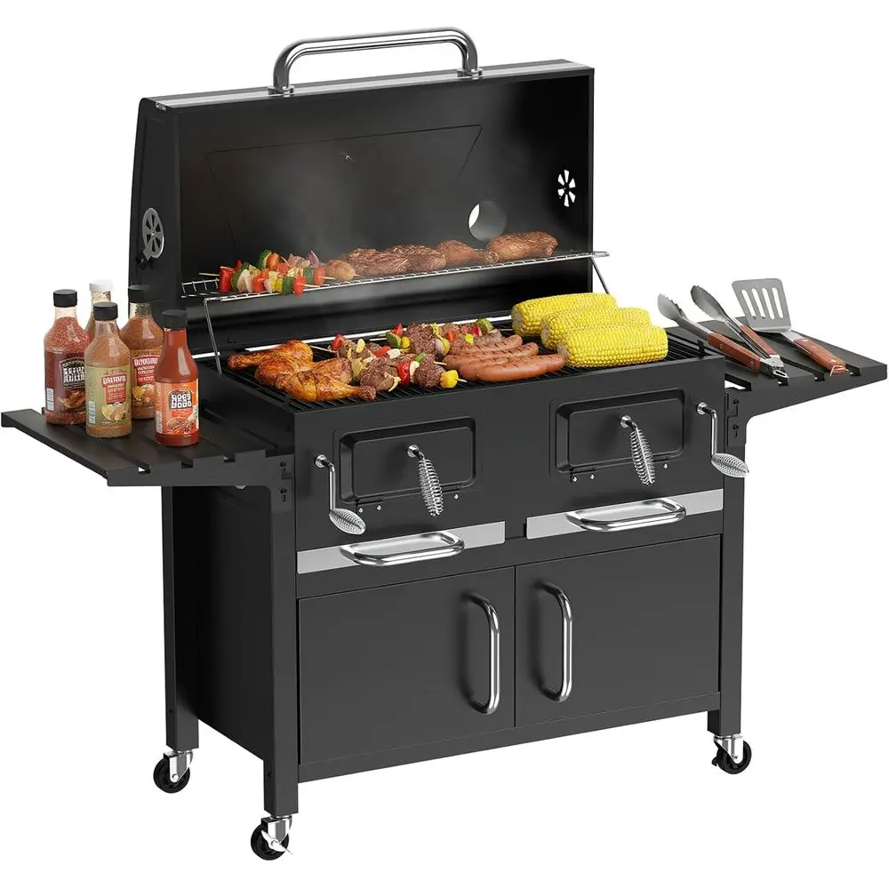 Spacious Dual-Tray Charcoal BBQ Grill with Enamel Grates, Chrome Rack, and Side Tables
Spacious Dual-Tray Charcoal BBQ Grill with Enamel Grates, Chrome Rack, and Side Tables