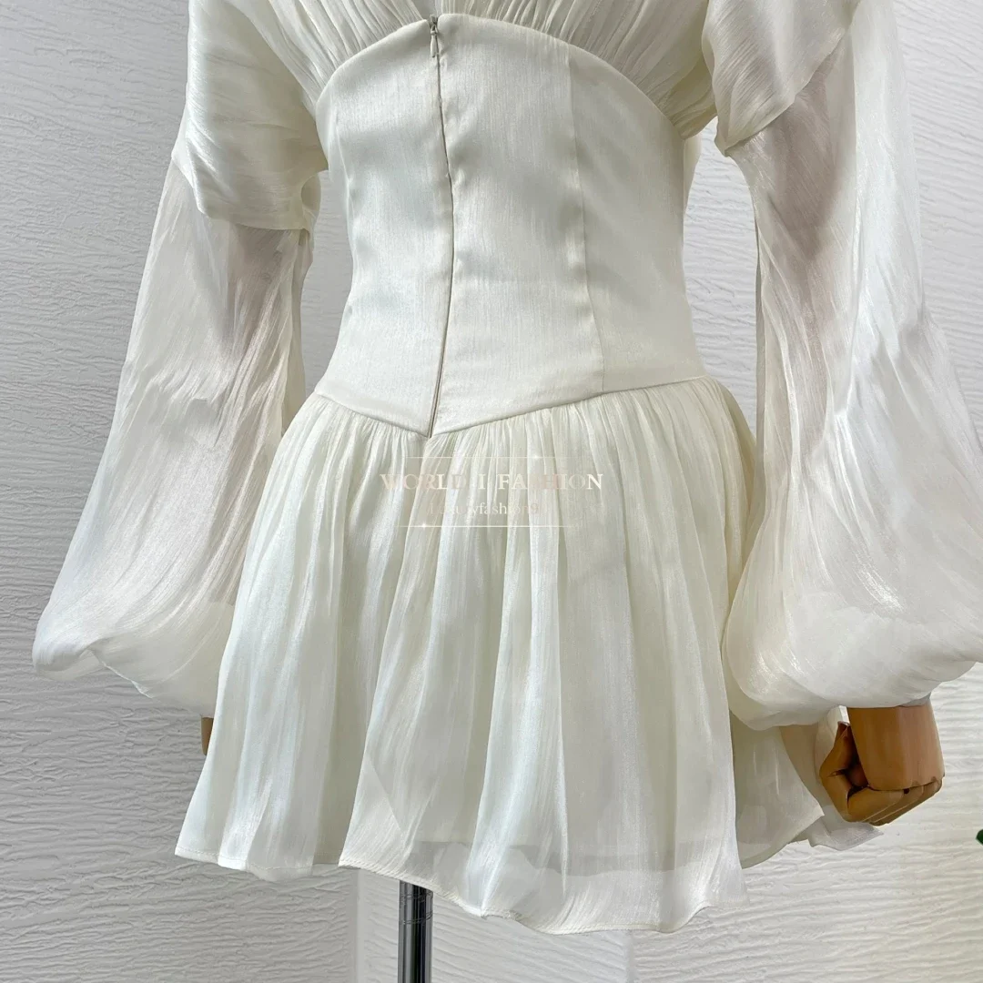 High Quality Women's White Bow Ribbon Long Sleeve V Neck Mini Dress 2025
High Quality Women's White Bow Ribbon Long Sleeve V Neck Mini Dress 2025