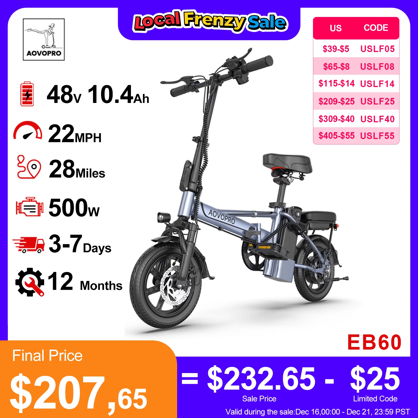 AOVOPRO 14inch EB60 Foldable Ebike 500W 48V 10.4AH Electric Bicycle 22MPH 28Miles Long Range with Two Seats for Adult
AOVOPRO 14inch EB60 Foldable Ebike 500W 48V 10.4AH Electric Bicycle 22MPH 28Miles Long Range with Two Seats for Adult