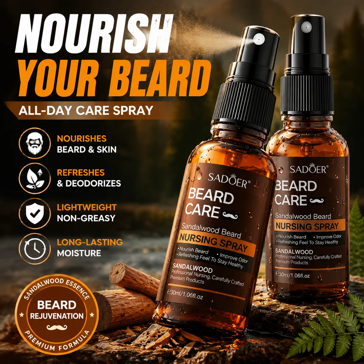 100% Natural Sandalwood Beard Care Spray Beard Essential Oil Hair Beard Growth Oil Men Beard Grooming Products Skin Care
100% Natural Sandalwood Beard Care Spray Beard Essential Oil Hair Beard Growth Oil Men Beard Grooming Products Skin Care