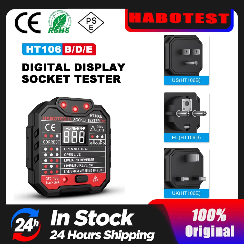 HABOTEST Тестер розеток HT106 HT107 Тест напряжения Детектор розеток Великобритания ЕС Вилка заземления Нулевая линия Проверка полярности фазы
HABOTEST Тестер розеток HT106 HT107 Тест напряжения Детектор розеток Великобритания ЕС Вилка заземления Нулевая линия Проверка полярности фазы