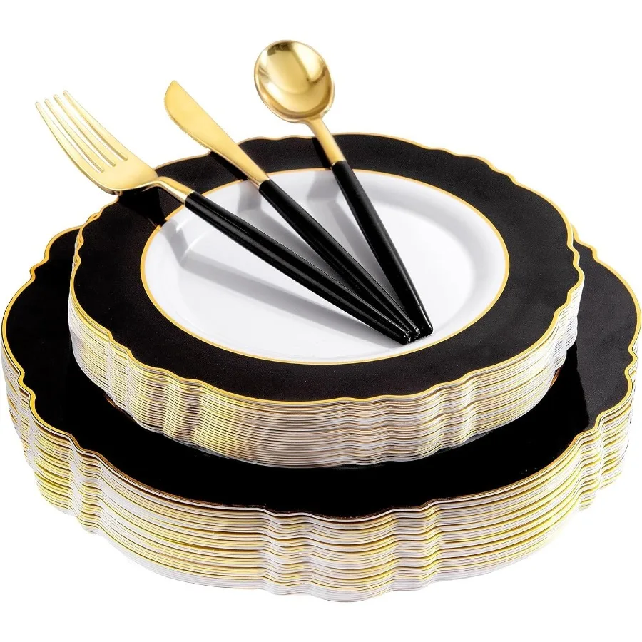30Guest Black and Gold Plastic Plates - New Year Plates - Gold Plastic Silverware With Black Handle Baroque Black and Gold Disp
30Guest Black and Gold Plastic Plates - New Year Plates - Gold Plastic Silverware With Black Handle Baroque Black and Gold Disp