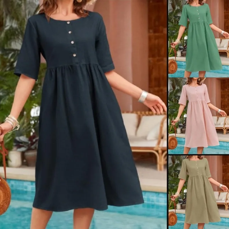 2025 Spring and Summer Cotton and Linen Crew Neck Loose Casual Solid Color Pocket Dress
2025 Spring and Summer Cotton and Linen Crew Neck Loose Casual Solid Color Pocket Dress
