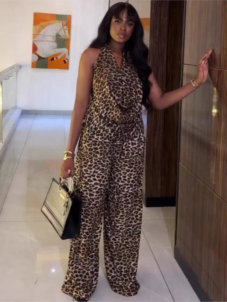 Fashion Hot Girl Leopard Print Pants Sets Sexy Halter Neck Sleeveless Tops Wide Leg Trousers Two Piece Set Streetwear Lady Suits
Fashion Hot Girl Leopard Print Pants Sets Sexy Halter Neck Sleeveless Tops Wide Leg Trousers Two Piece Set Streetwear Lady Suits