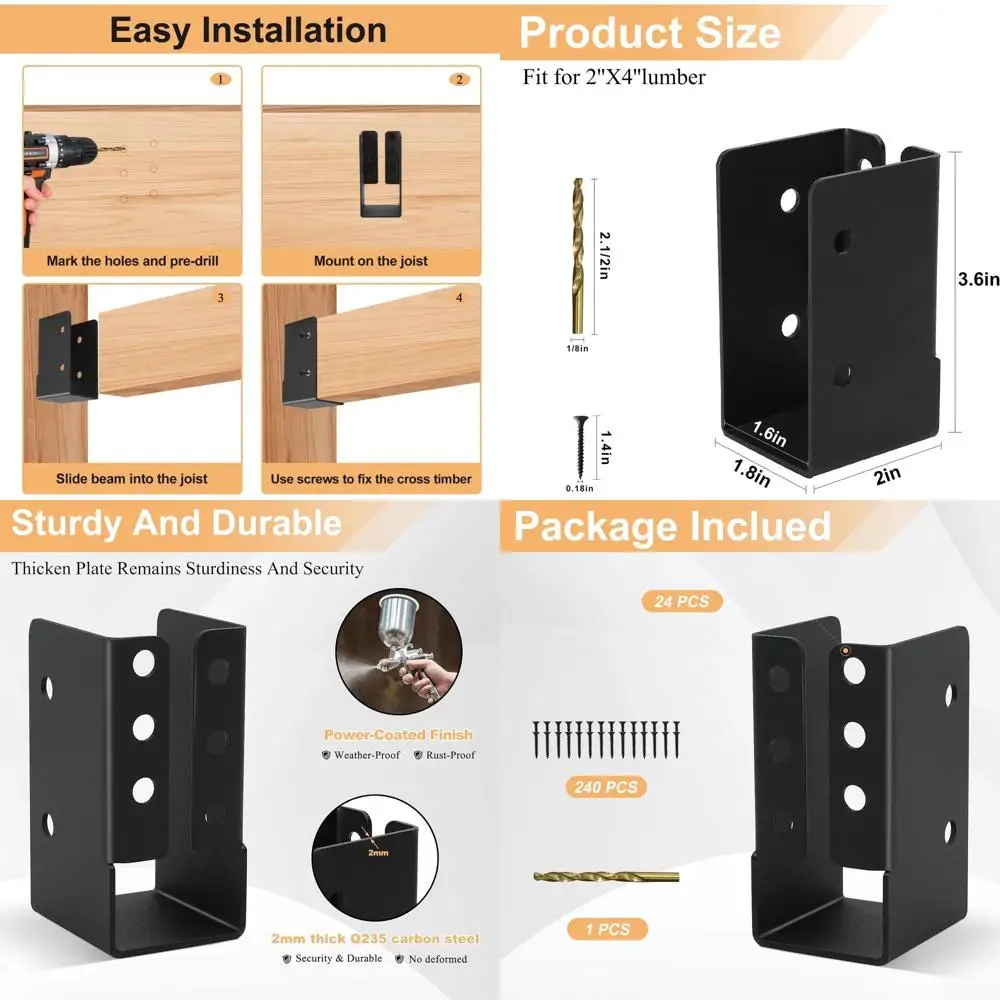 24-Pack 2x4 Concealed Joist Hangers, Outdoor Powder-Coated Brackets for Beams, Railings, and Fencing
24-Pack 2x4 Concealed Joist Hangers, Outdoor Powder-Coated Brackets for Beams, Railings, and Fencing