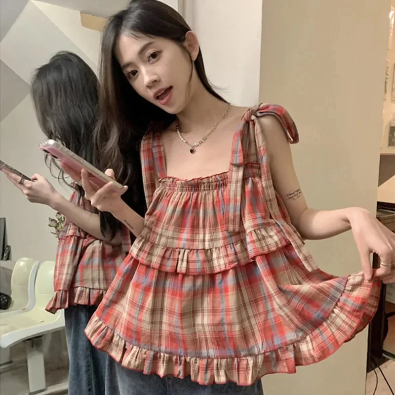 Women's Plaid Lace-up Crop Top, Red Tank Tops Pleated Japanese Style Harajuku Tee Sleeveless Hotsweet Kawaii Loose Shirt
Women's Plaid Lace-up Crop Top, Red Tank Tops Pleated Japanese Style Harajuku Tee Sleeveless Hotsweet Kawaii Loose Shirt