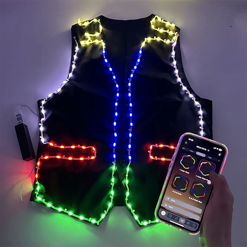 RGB APP Control LED Dance top Stage Dance Costumes for Jazz Dancer Light Up Black Vest Luminous Clothing Performance Dress
RGB APP Control LED Dance top Stage Dance Costumes for Jazz Dancer Light Up Black Vest Luminous Clothing Performance Dress
