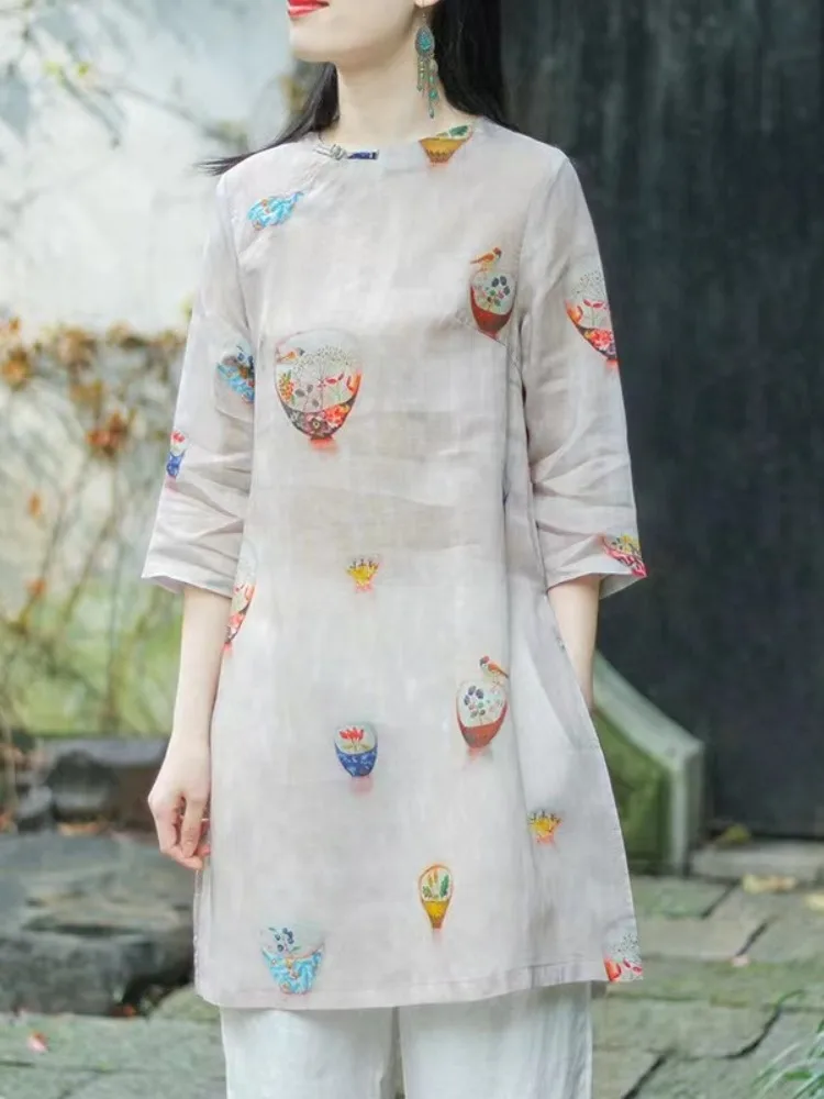 Retro Chinese Cotton Linen Printed 7/8 Sve Women's irt Summer Medium Length Zen Tea Clothing round Ne Button up Top
Retro Chinese Cotton Linen Printed 7/8 Sve Women's irt Summer Medium Length Zen Tea Clothing round Ne Button up Top