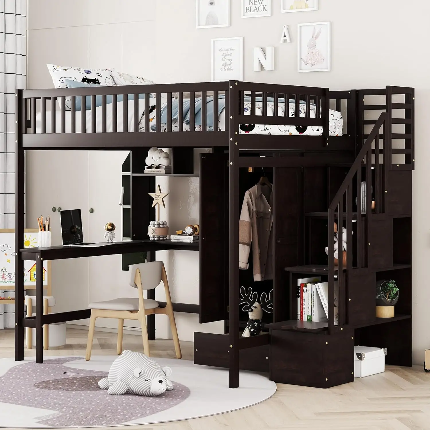 Harper & Bright Designs Full Size Loft Bed with Storage Stairs, Desk, Bookshelf, Drawers and Wardrobe, Solid Wood Loft Bed
Harper & Bright Designs Full Size Loft Bed with Storage Stairs, Desk, Bookshelf, Drawers and Wardrobe, Solid Wood Loft Bed