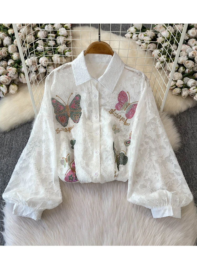 Spring Autumn New Diamond Studded Sequin Flower Lapel Lantern Sleeve Shirt Women Dopamine Sweet Oversized Loose Blouse Top C539
Spring Autumn New Diamond Studded Sequin Flower Lapel Lantern Sleeve Shirt Women Dopamine Sweet Oversized Loose Blouse Top C539