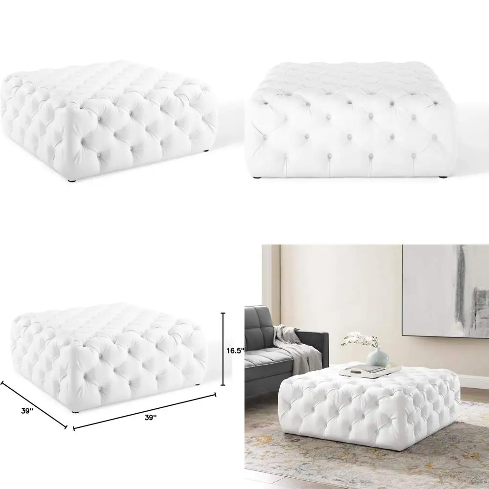 Large Square Leather Ottoman with Tuted Button, White
Large Square Leather Ottoman with Tuted Button, White