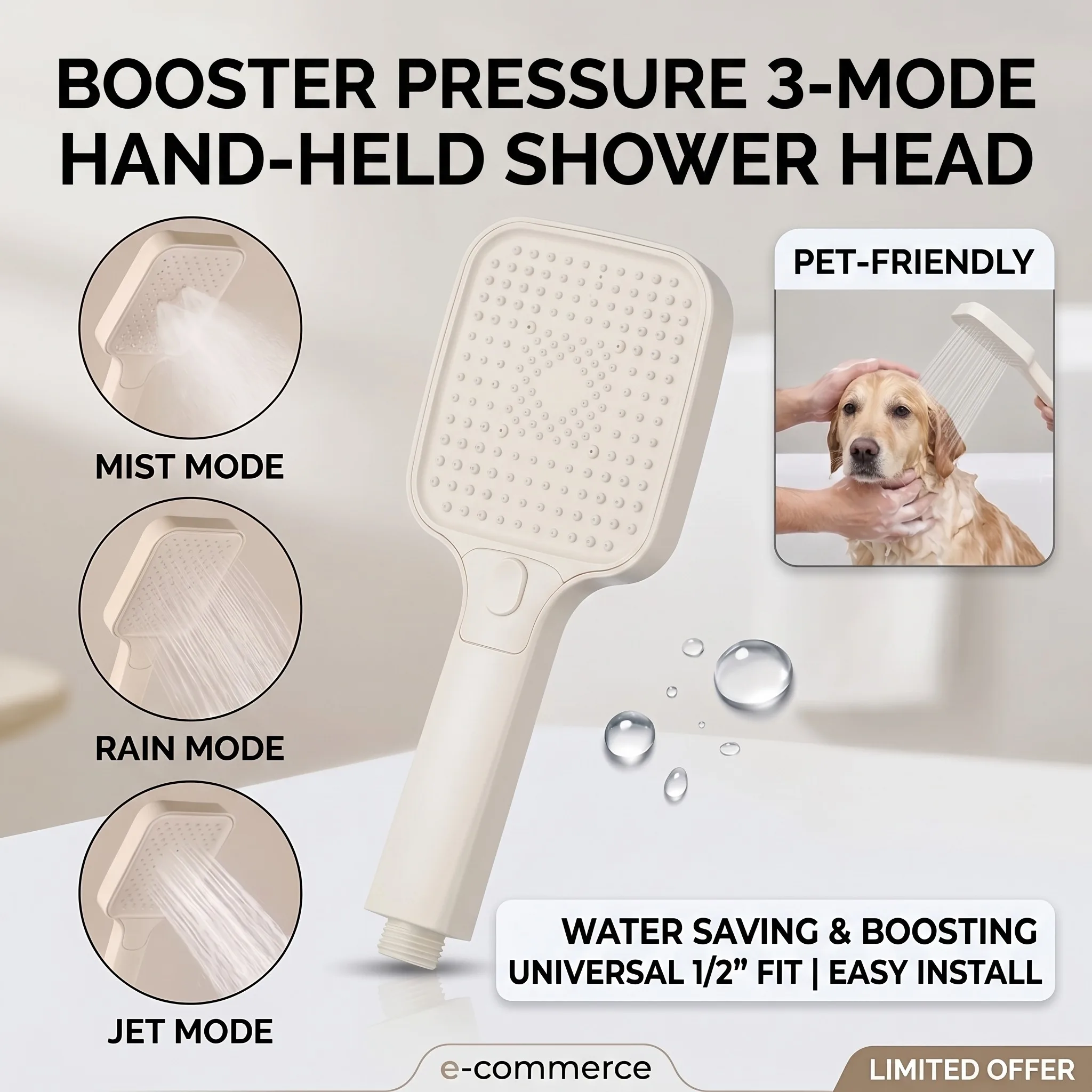3-Mode High Pressure Shower Head Booster Water Saving Mist Rain Jet Spray Handheld Showerhead for Bathroom Shower Matte Cream
3-Mode High Pressure Shower Head Booster Water Saving Mist Rain Jet Spray Handheld Showerhead for Bathroom Shower Matte Cream
