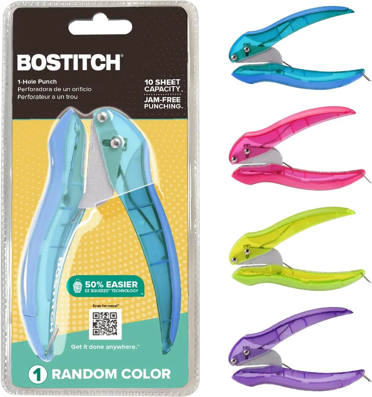 Reduced Effort One-Hole Punch, Punches 10 Sheets, No-Jam, Assorted Colors
Reduced Effort One-Hole Punch, Punches 10 Sheets, No-Jam, Assorted Colors