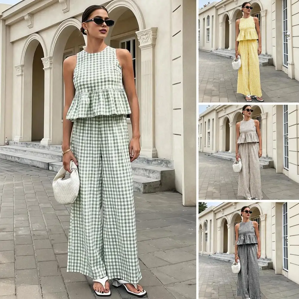 Summer Loose Trousers Set Casual Comfortable Everyday Plaid Sleeveless Round Neck Ruffle Top Wide-leg Trousers Two-piece Set
Summer Loose Trousers Set Casual Comfortable Everyday Plaid Sleeveless Round Neck Ruffle Top Wide-leg Trousers Two-piece Set