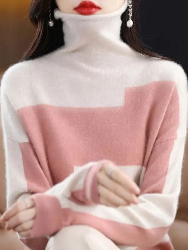 High-End European Style Women's Knitted Wool Sweater High Neck Loose Fit Color Block Cashmere Base Shirt Casual Style Long Sl...
High-End European Style Women's Knitted Wool Sweater High Neck Loose Fit Color Block Cashmere Base Shirt Casual Style Long Sl...