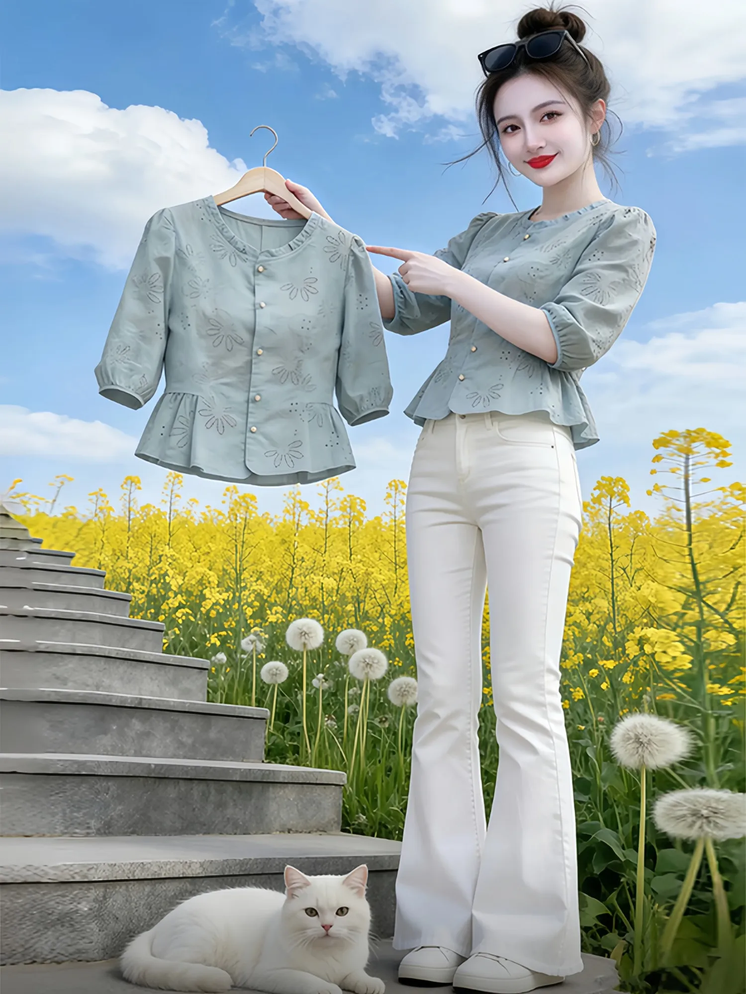 Elegant Embroidered Five-Quarter Sleeve Shirt for Women Casual Loose Fit Summer Fashionable Top by Xiangduoer round Neck Butt...
Elegant Embroidered Five-Quarter Sleeve Shirt for Women Casual Loose Fit Summer Fashionable Top by Xiangduoer round Neck Butt...