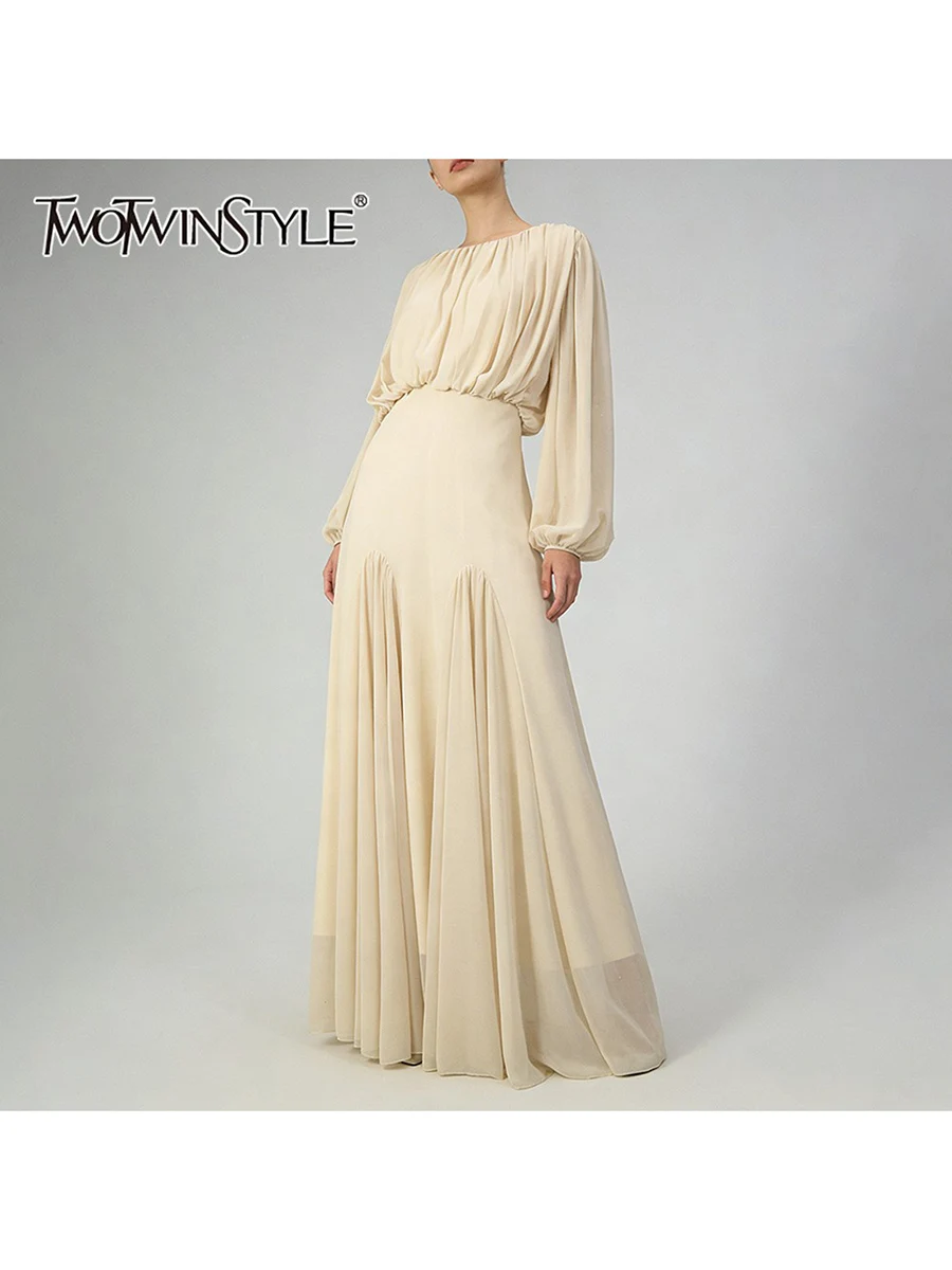 TWOTWINSTYLE Solid Spliced Folds Minimalist Dresses for Women Round Neck Long Sleeves High Waist Elegant Dress Female Autumn New
TWOTWINSTYLE Solid Spliced Folds Minimalist Dresses for Women Round Neck Long Sleeves High Waist Elegant Dress Female Autumn New