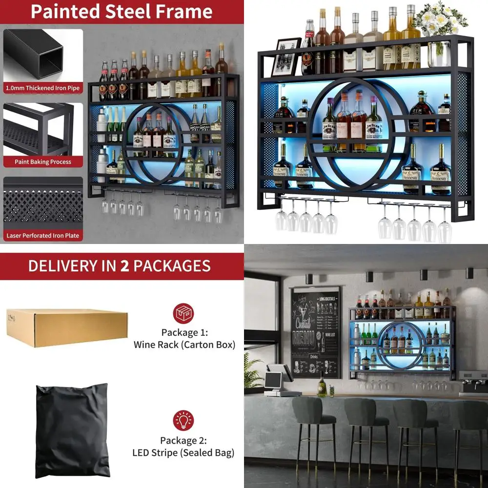 39 Wall-Mounted 3-Tier Wine Rack with LED, Floating Bar Shelves, and Wine Glass Holder - Industrial Style Home Bar
39 Wall-Mounted 3-Tier Wine Rack with LED, Floating Bar Shelves, and Wine Glass Holder - Industrial Style Home Bar