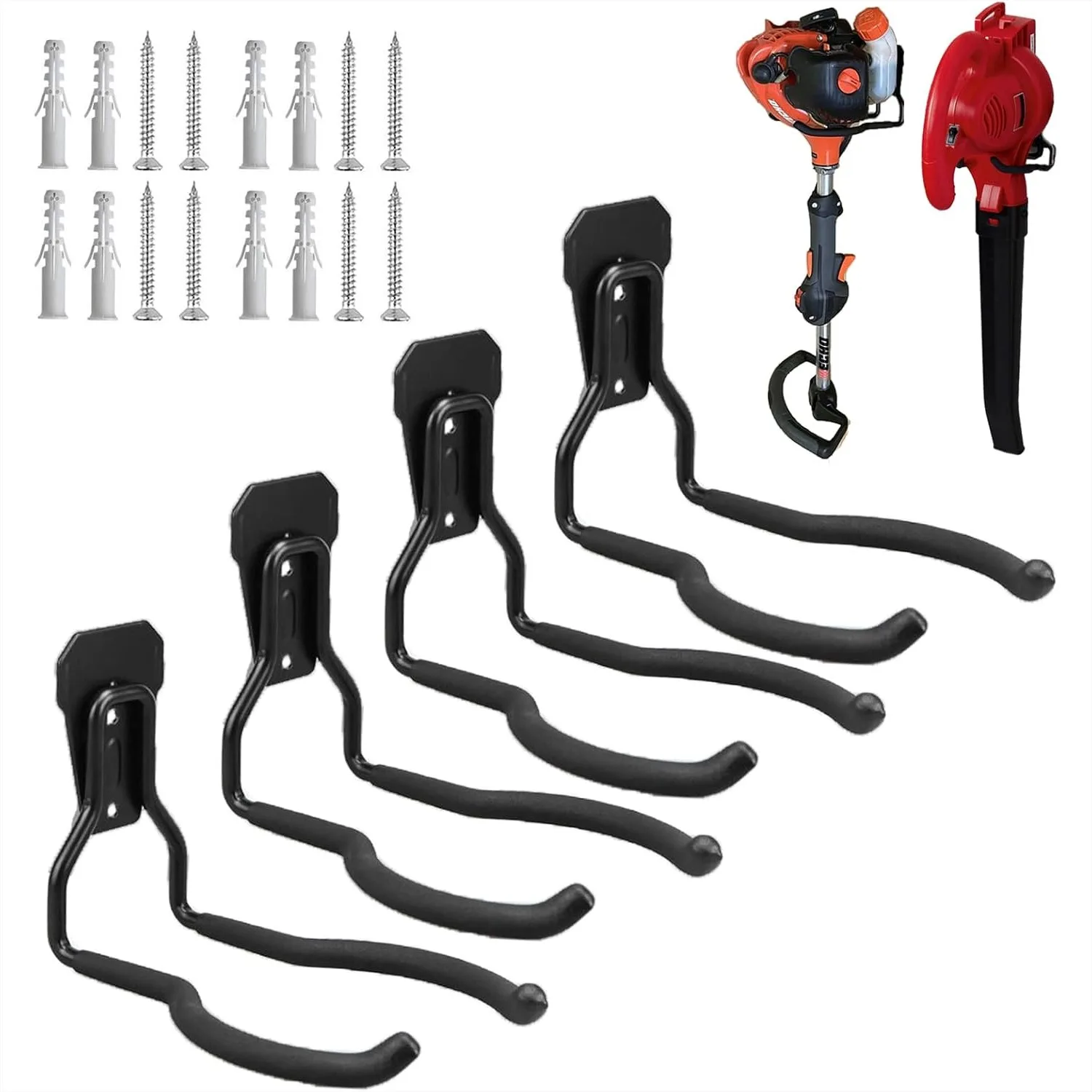 Garage Wall Hooks for String Trimmer and Garden Tool Organizer, 4 Pack, Heavy Duty 55 lb Capacity, Rustproof Black
Garage Wall Hooks for String Trimmer and Garden Tool Organizer, 4 Pack, Heavy Duty 55 lb Capacity, Rustproof Black