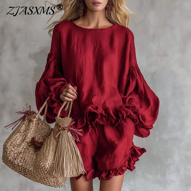 New Spring Solid Ruffle Two-piece Shorts Set Woman O Neck Lantern Long Sleeve Hem Top Suit Summer Vacation Beach Outfit Harajuku
New Spring Solid Ruffle Two-piece Shorts Set Woman O Neck Lantern Long Sleeve Hem Top Suit Summer Vacation Beach Outfit Harajuku