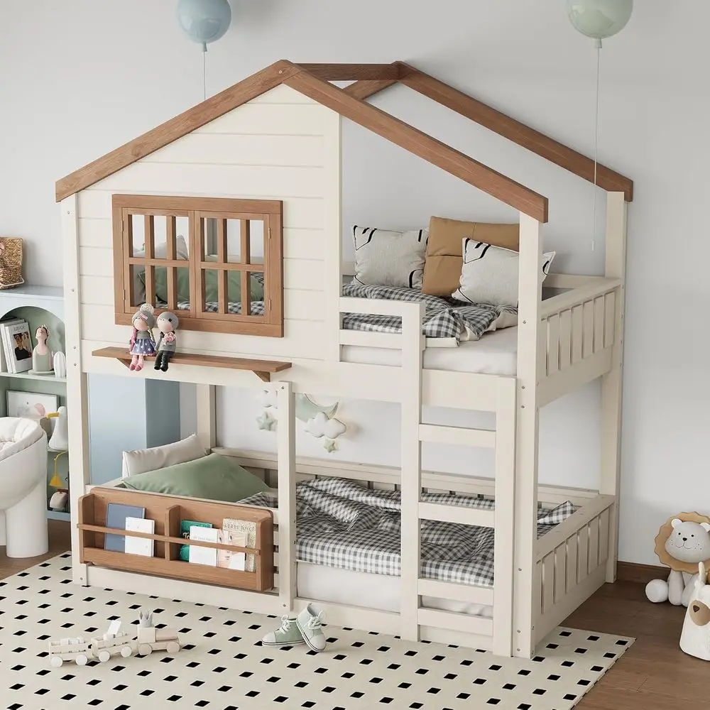 Elegant Twin Size Wooden Castle Bunk Bed with Safety Rails, Ladder, and Shelves for Kids and Teens (Beige & Natural)
Elegant Twin Size Wooden Castle Bunk Bed with Safety Rails, Ladder, and Shelves for Kids and Teens (Beige & Natural)