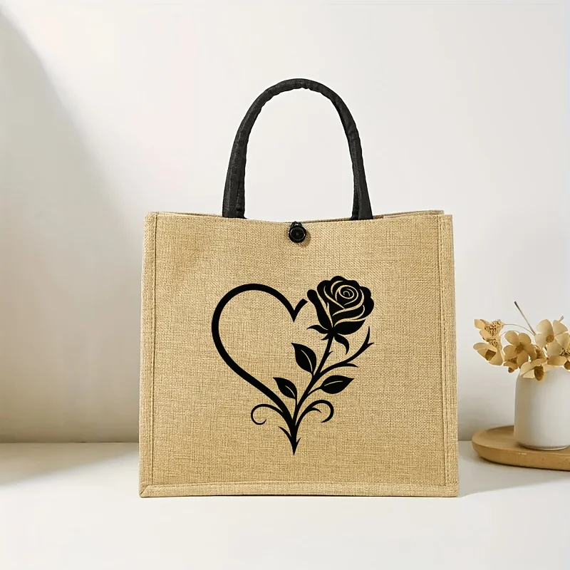 This Is a Jute Linen Tote Bag Featuring a Heart and Rose Print Shopping Bags Making It Suitable for Daily Commutes Short Trips
This Is a Jute Linen Tote Bag Featuring a Heart and Rose Print Shopping Bags Making It Suitable for Daily Commutes Short Trips