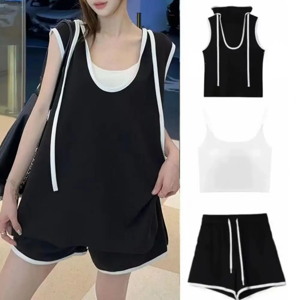 Ice Silk Outfit Women's Ice Silk Contrast Color Crop Top Vest Shorts Set with Hooded Top Elastic Waist Shorts Sport for Summer
Ice Silk Outfit Women's Ice Silk Contrast Color Crop Top Vest Shorts Set with Hooded Top Elastic Waist Shorts Sport for Summer