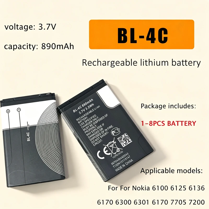 BL-4C BL4C 3.7V Lithium Phone Battery 890mAh For Nokia 6100 6125 6136 6170 6300 6301 6170 7705 7200 Replacement cell
BL-4C BL4C 3.7V Lithium Phone Battery 890mAh For Nokia 6100 6125 6136 6170 6300 6301 6170 7705 7200 Replacement cell