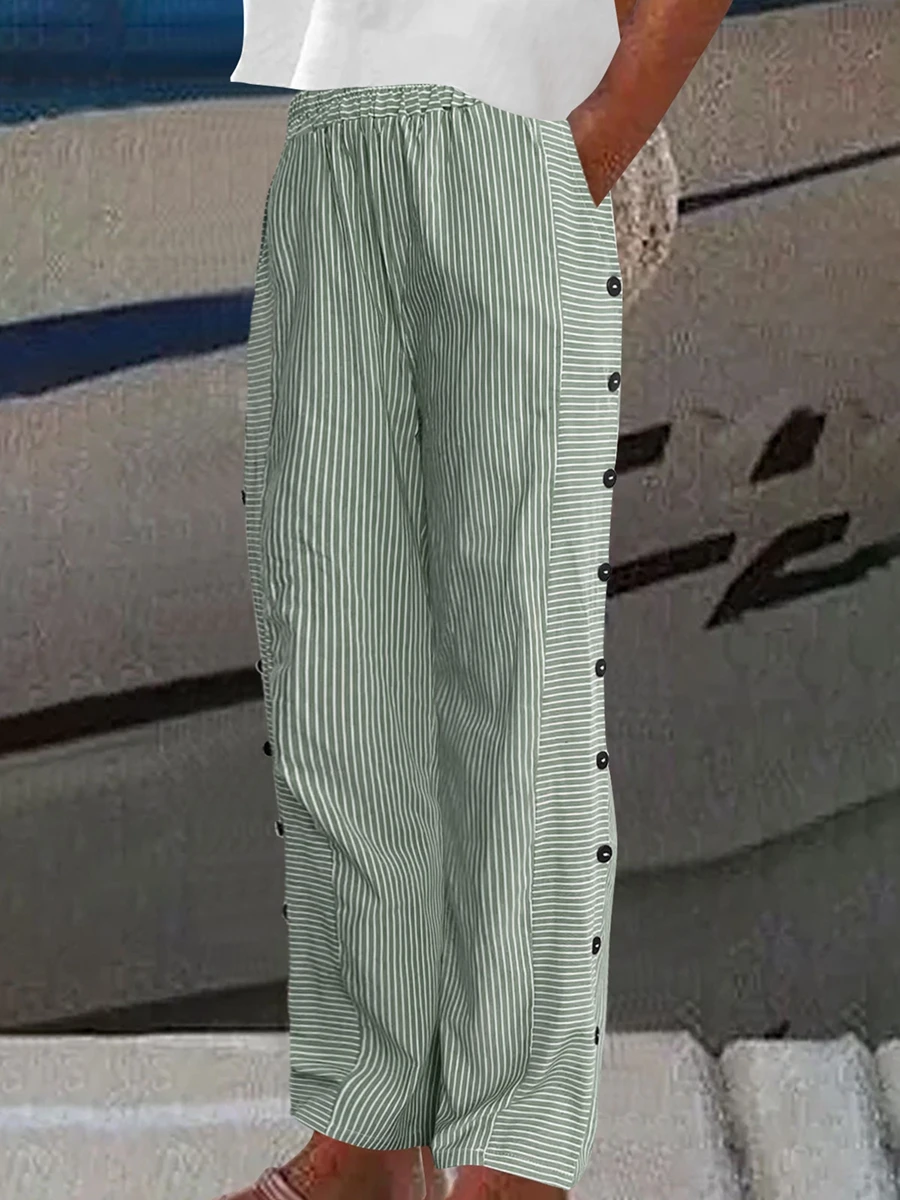 Women Chic Stripe Pants Elastic Waist Side Buttons Loose Straight Trousers Summer Casual Sweatpants Boxer Pants
Women Chic Stripe Pants Elastic Waist Side Buttons Loose Straight Trousers Summer Casual Sweatpants Boxer Pants