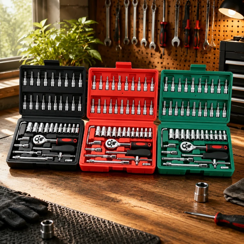 46Pcs 1/4 Inch Socket Wrench Set, Red Black Green 3 Colors, Portable Ratchet Tool Kit for Car and Home Repairs
46Pcs 1/4 Inch Socket Wrench Set, Red Black Green 3 Colors, Portable Ratchet Tool Kit for Car and Home Repairs