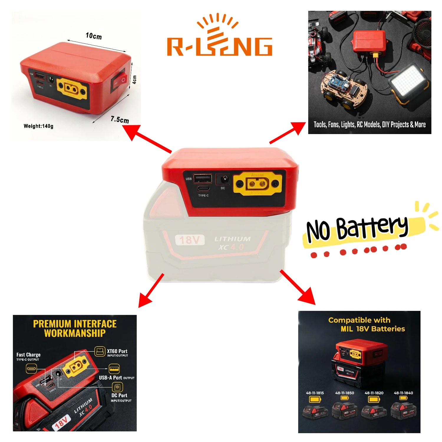 Power Bank for Milwaukee 18V Batteries, Dual Charging & 9-30V DC/XT60/USB-C with Digital Display,for Camping Outdoor(NO Battery)
Power Bank for Milwaukee 18V Batteries, Dual Charging & 9-30V DC/XT60/USB-C with Digital Display,for Camping Outdoor(NO Battery)