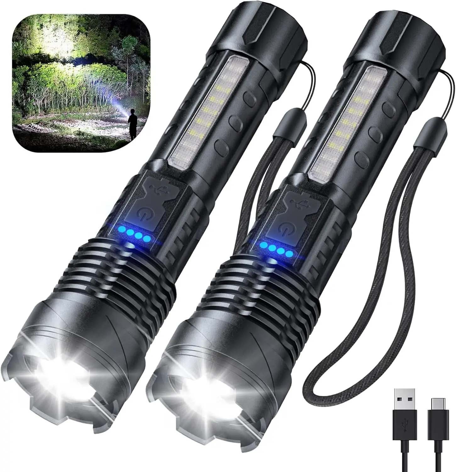 2-Pack Rechargeable Flashlights, 990,000 Lumen, 7 Modes, IPX6 Waterproof, High Lumens LED for Camping, Home, Emergencies
2-Pack Rechargeable Flashlights, 990,000 Lumen, 7 Modes, IPX6 Waterproof, High Lumens LED for Camping, Home, Emergencies