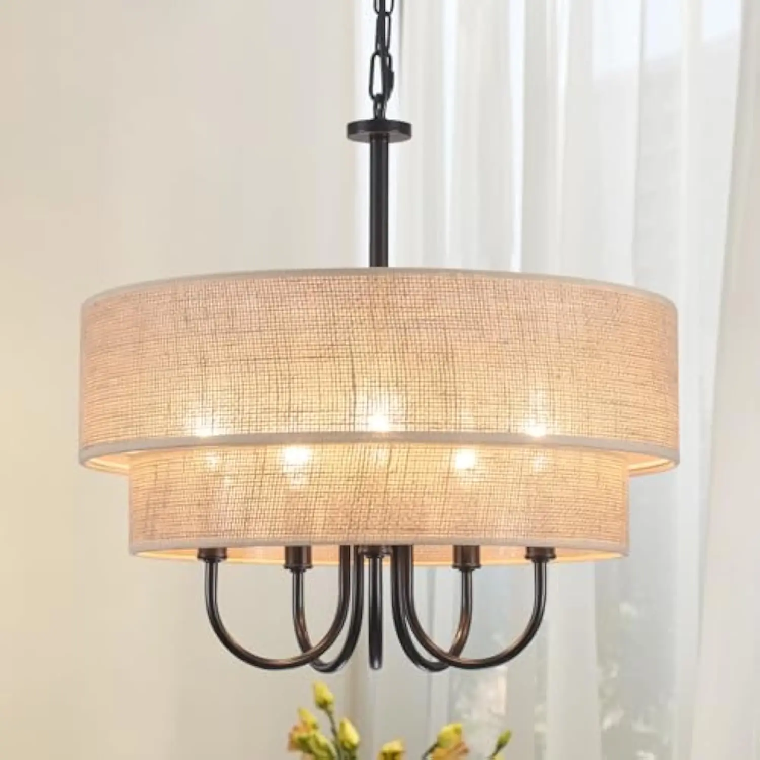 18'' Boho Rattan Chandeliers for Dining Room, 5-Light Farmhouse Rattan Pendant Light with 2-Layer Hand-Woven Shade Black Drum C
18'' Boho Rattan Chandeliers for Dining Room, 5-Light Farmhouse Rattan Pendant Light with 2-Layer Hand-Woven Shade Black Drum C