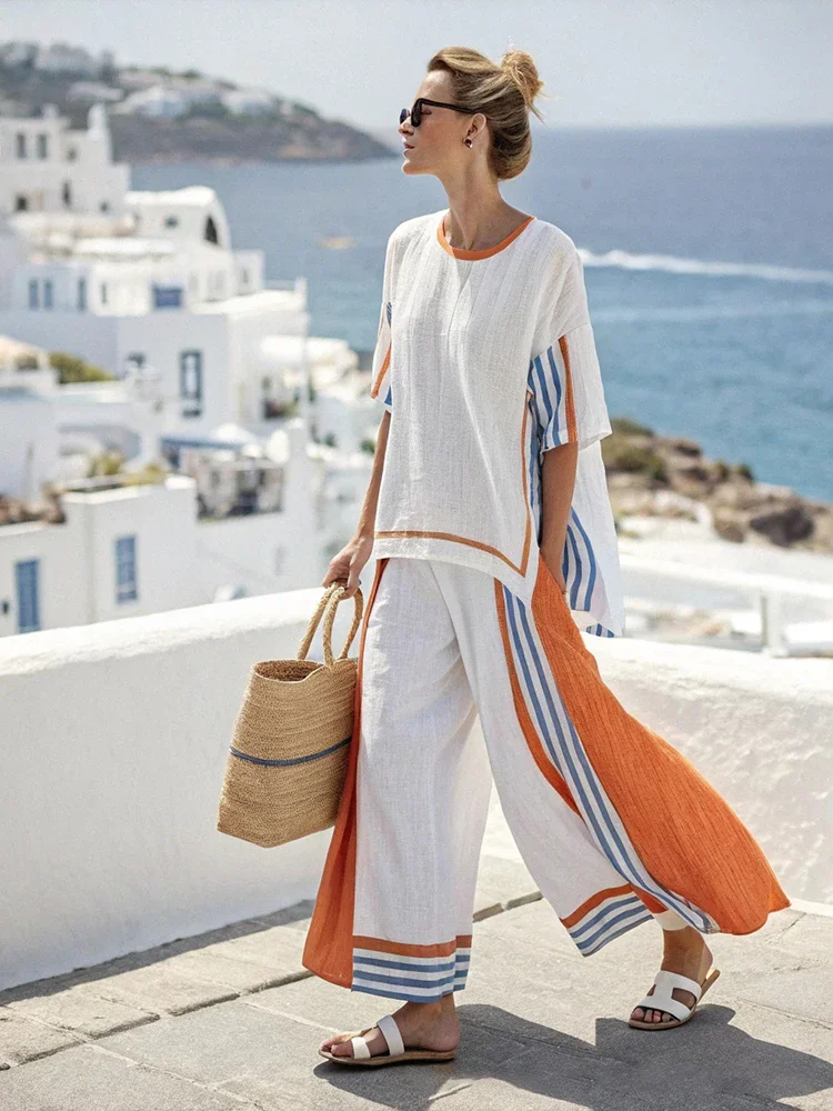 Summer Holiday Loose Stripe Tops Pants Set Casual Women Linen Comfortable Commute 2 Piece New O Neck Half Sleeve Casual Outfit
Summer Holiday Loose Stripe Tops Pants Set Casual Women Linen Comfortable Commute 2 Piece New O Neck Half Sleeve Casual Outfit