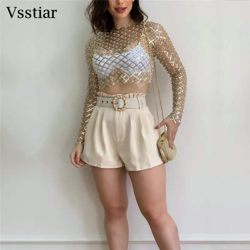 Vsstiar Sexy Long Sleeve See Through Women Tops Glitter Sequins Beaded Mesh T-Shirt Fashion Nightclub Party Wear Shirts
Vsstiar Sexy Long Sleeve See Through Women Tops Glitter Sequins Beaded Mesh T-Shirt Fashion Nightclub Party Wear Shirts