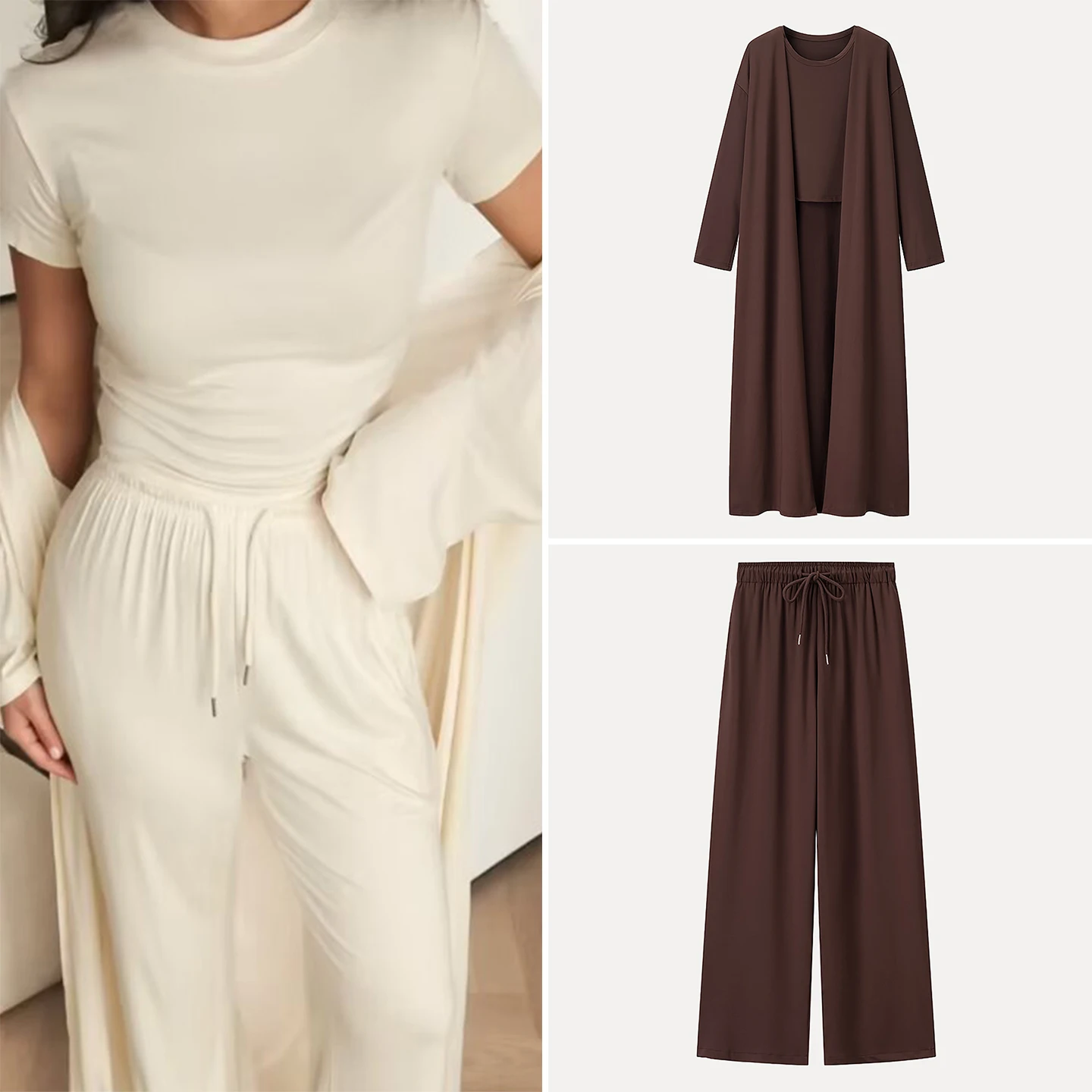2025 Summer New Women's Pure Color Knitted Long Coat Short Sleeve Top Long Pants Three-piece Set Fashionable Polyester Fiber
2025 Summer New Women's Pure Color Knitted Long Coat Short Sleeve Top Long Pants Three-piece Set Fashionable Polyester Fiber