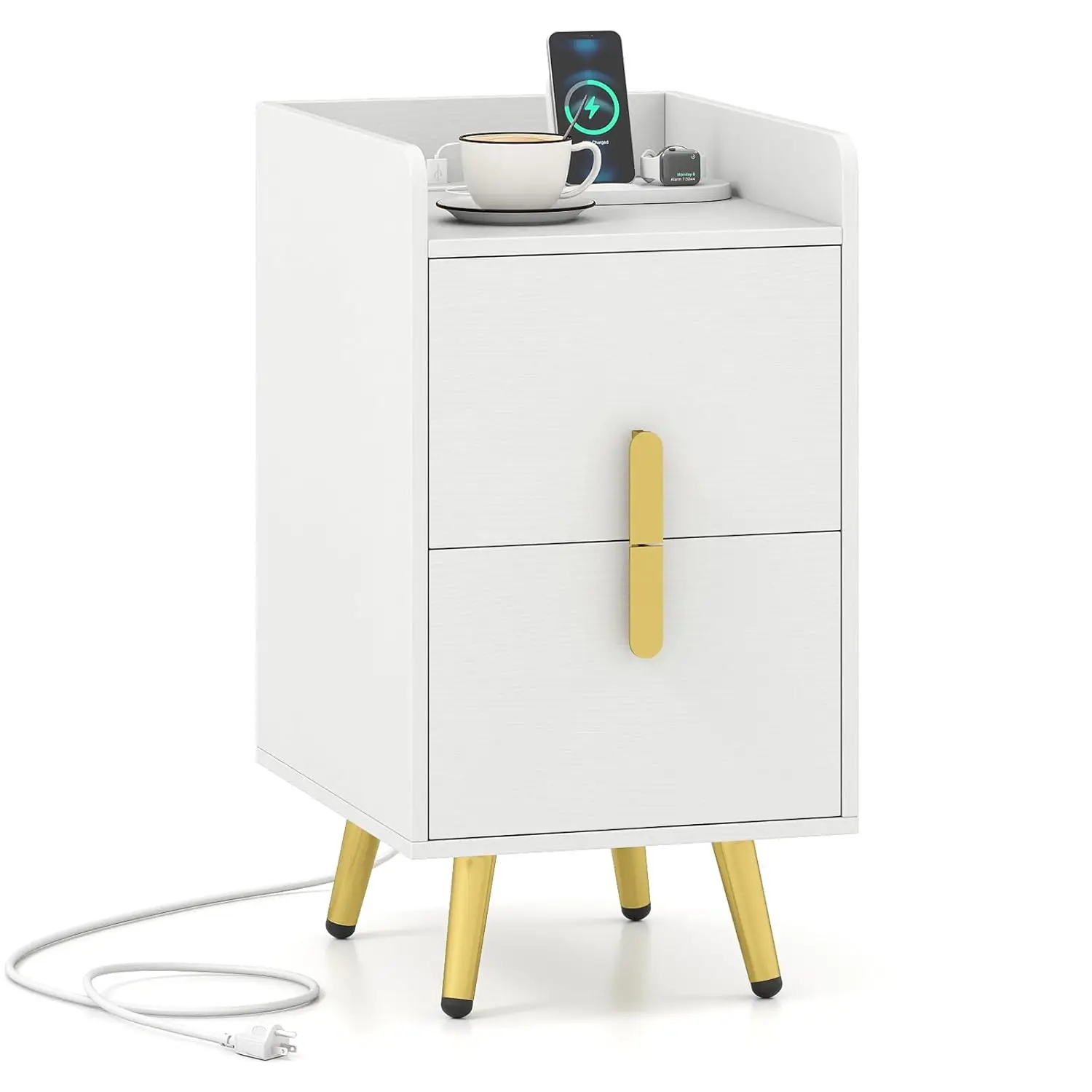 Narrow Bedside Nightstand with Charging Station 2 Drawers Metal Legs Wood Modern Side Table Bedroom White Gold,Customized
Narrow Bedside Nightstand with Charging Station 2 Drawers Metal Legs Wood Modern Side Table Bedroom White Gold,Customized
