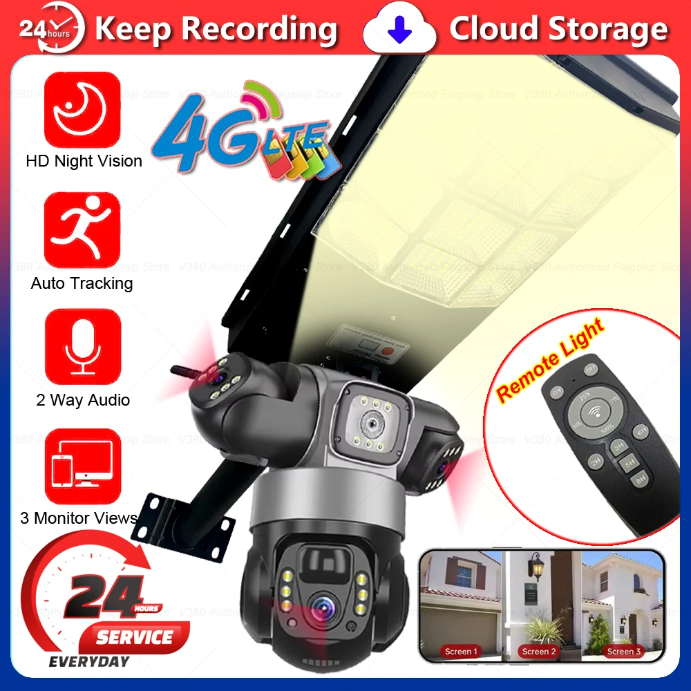 4G Solar CCTV Cameras LED Street Light Built in Battery Outdoor 360 Remote Control Streetlight Rotation Security Protection CCTV