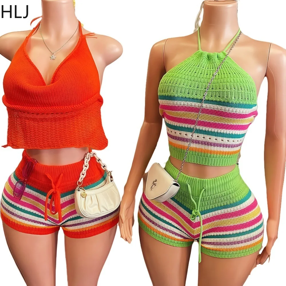 HLJ Sexy Striped Knit Two Piece Set Women Rainbow Sleeveless Halter Lace Up Crop Top + Shorts Suit Female Beach Swim Clothing
HLJ Sexy Striped Knit Two Piece Set Women Rainbow Sleeveless Halter Lace Up Crop Top + Shorts Suit Female Beach Swim Clothing