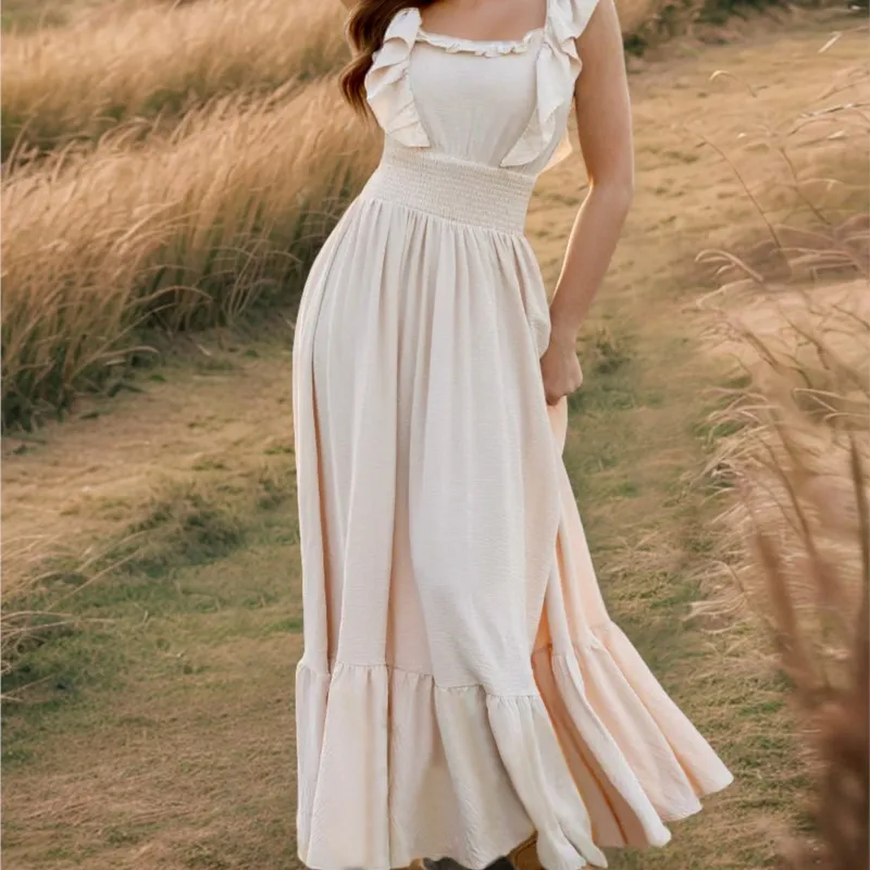 Women's European Retro One-length Neck Off-shoulder Sleeveless Floor-length Dress Fashionable Slim Ruffle Solid Color Long Skirt 
Women's European Retro One-length Neck Off-shoulder Sleeveless Floor-length Dress Fashionable Slim Ruffle Solid Color Long Skirt