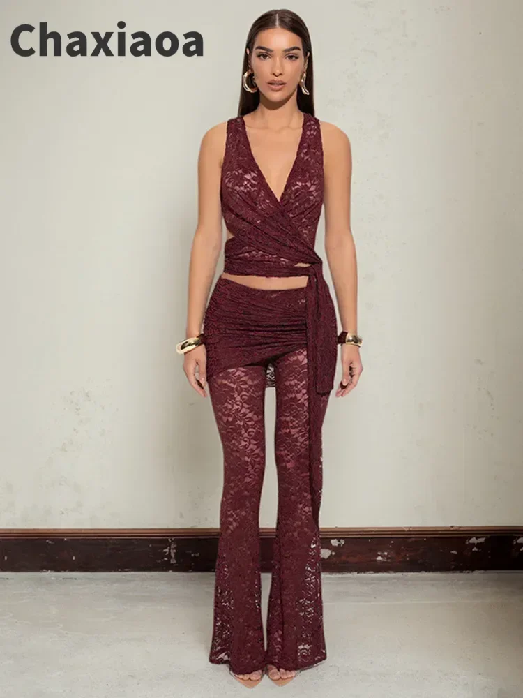 Chaxiaoa Lace Hollow Out Sexy Pants Sets Women Deep V Neck Tank Tops And Trousers Female Elegant Flared Pants Suit Two Piece Set
Chaxiaoa Lace Hollow Out Sexy Pants Sets Women Deep V Neck Tank Tops And Trousers Female Elegant Flared Pants Suit Two Piece Set