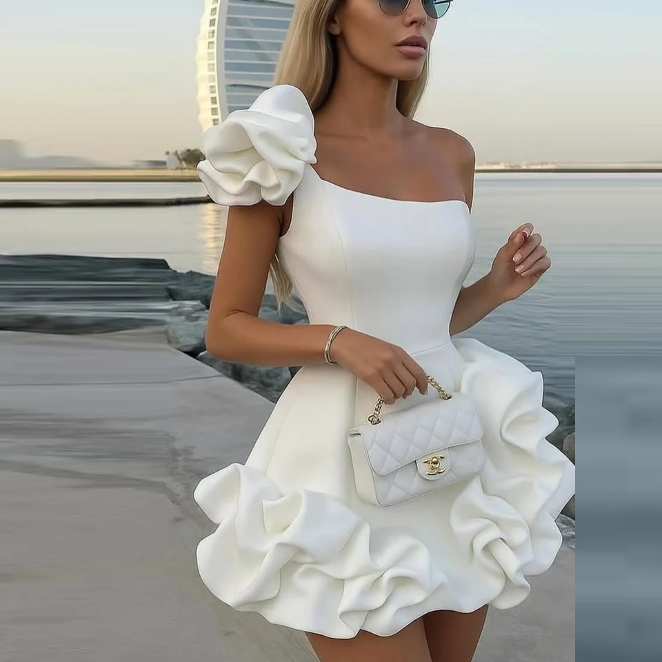 Elegant White One Shoulder Prom Dress Satin Ruffles Short Evening Gowns Above Knee Cocktail Party Dress
Elegant White One Shoulder Prom Dress Satin Ruffles Short Evening Gowns Above Knee Cocktail Party Dress