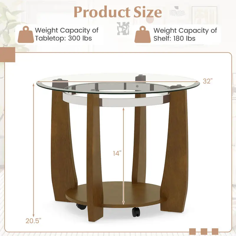32" 2-Tier Glass Round Coffee Table with Storage Shelf-Walnut
32" 2-Tier Glass Round Coffee Table with Storage Shelf-Walnut